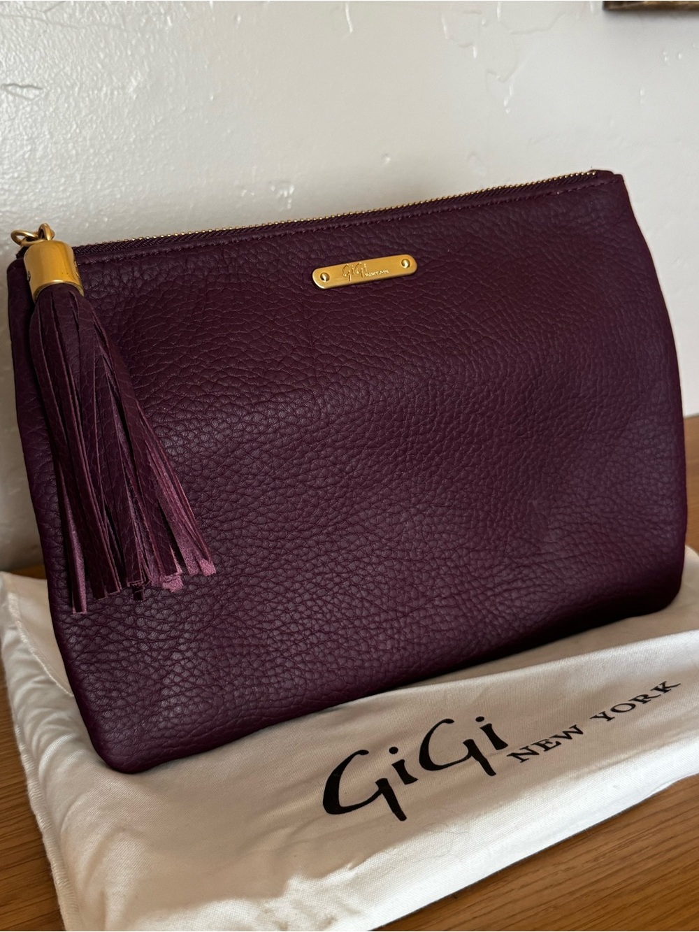 Gigi New York plum pebble leather medium clutch